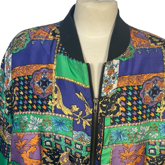 K Arnold 100% Silk Vintage Multicolor Patchwork Bohemian Bomber Jacket Sz S - Picture 2 of 9